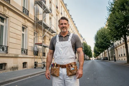 Peintre en bâtiment professionnel devant un immeuble haussmannien fraîchement peint dans les Hauts-de-Seine