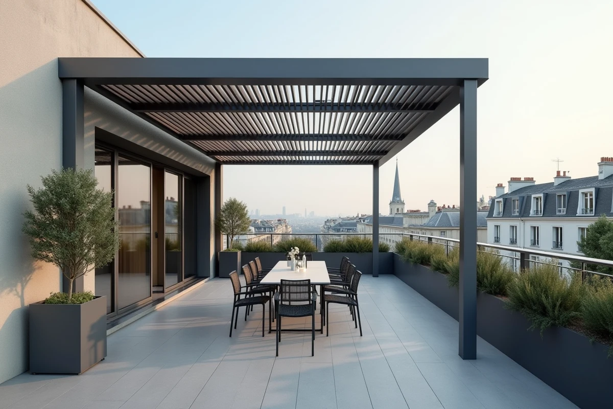 Vue en plongée d'une pergola bioclimatique à lames orientables sur terrasse de toit urbaine à Paris