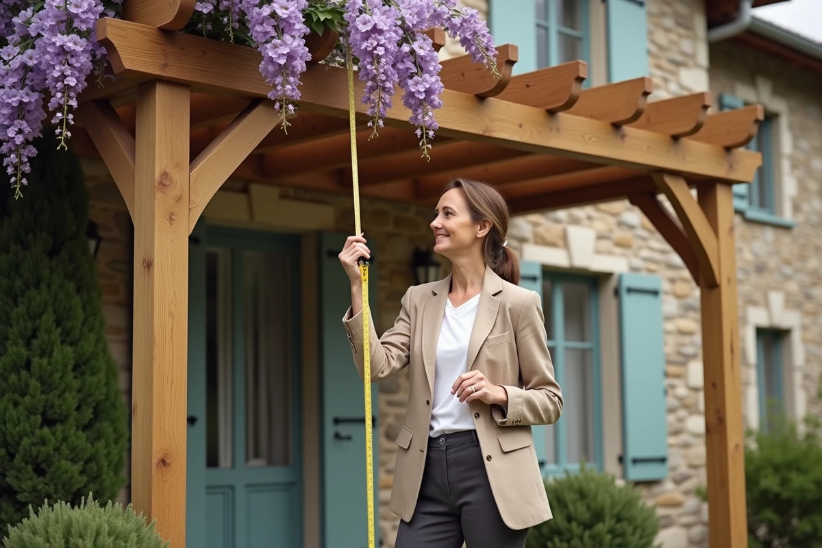 Femme mesurant une pergola en bois avec vigne grimpante sur façade de maison de campagne française