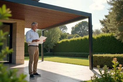 Homme consultant des documents sous une pergola aluminium sur terrasse en pierre dans un jardin résidentiel français