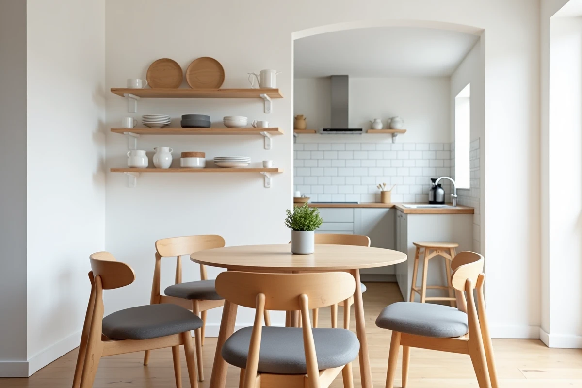 Petite salle à manger compacte avec table ronde de 110 cm et quatre chaises scandinaves dans un intérieur contemporain