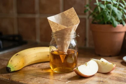 Piège à moucherons fait maison avec un bocal en verre, du vinaigre de cidre et un entonnoir en papier posé sur un plan de travail en bois