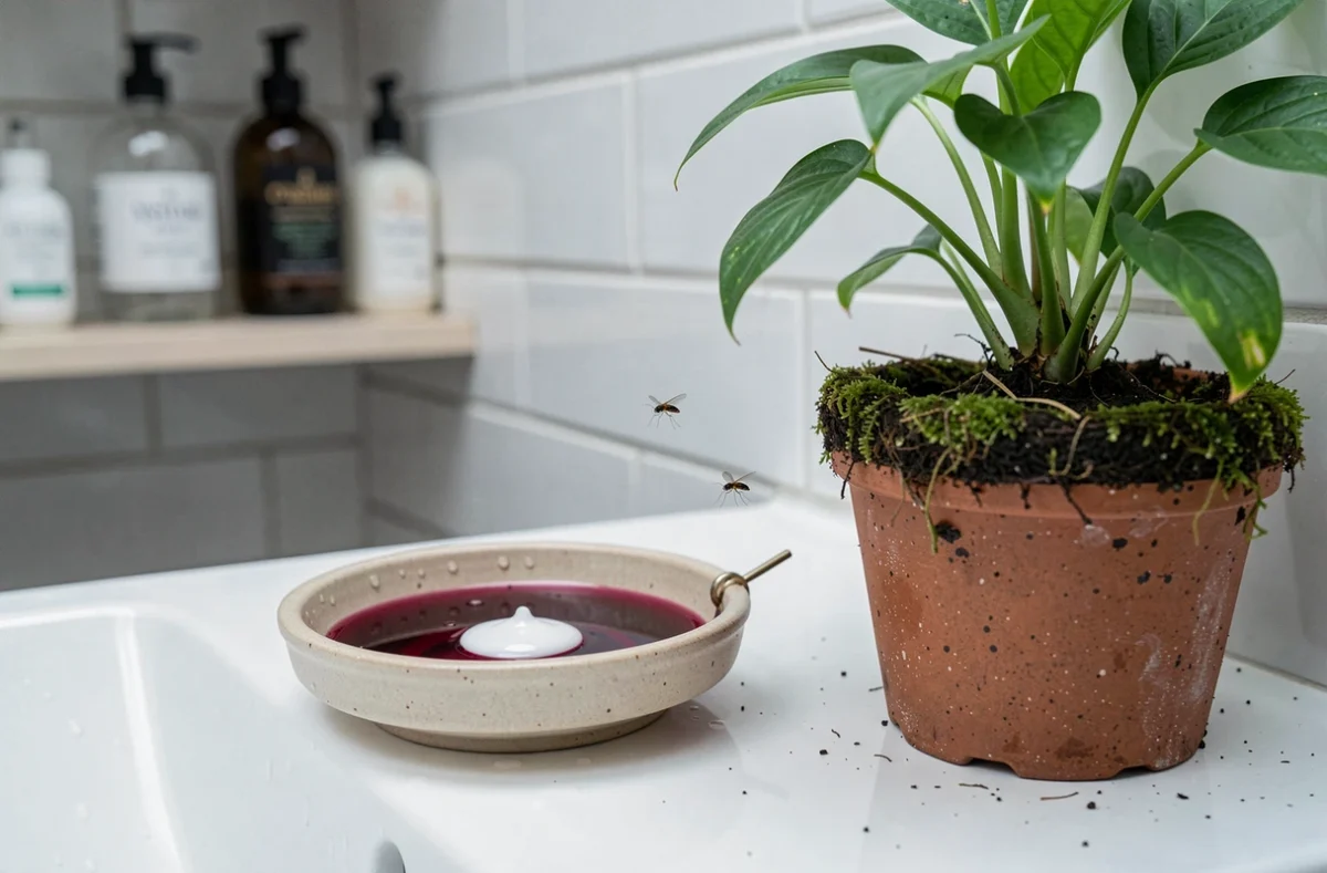 Piège à moucherons naturel composé d'un plat en céramique avec du vin rouge et du liquide vaisselle placé près d'une plante verte dans une salle de bain