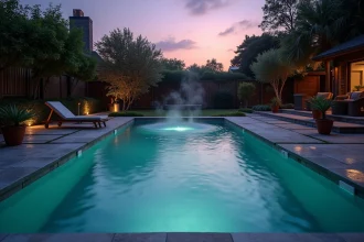 Piscine résidentielle en soirée avec légère brume sur l'eau illustrant la baisse de température nocturne