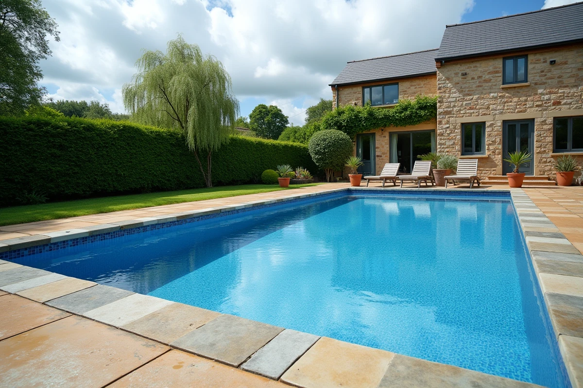 Piscine rectangulaire enterrée avec carrelage mosaïque bleu dans un jardin résidentiel aménagé