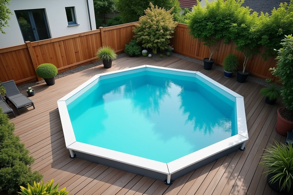 Piscine hors-sol installée sur une terrasse en bois dans un jardin urbain français soumise à la taxe foncière