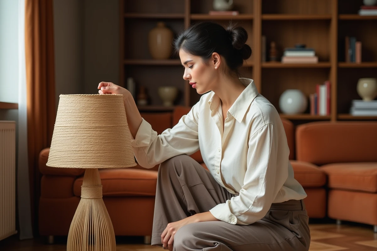 Femme installant une lampe sur pied en rotin dans un salon au style mi-siècle, illustrant le choix et le placement des lampes dans un espace de vie