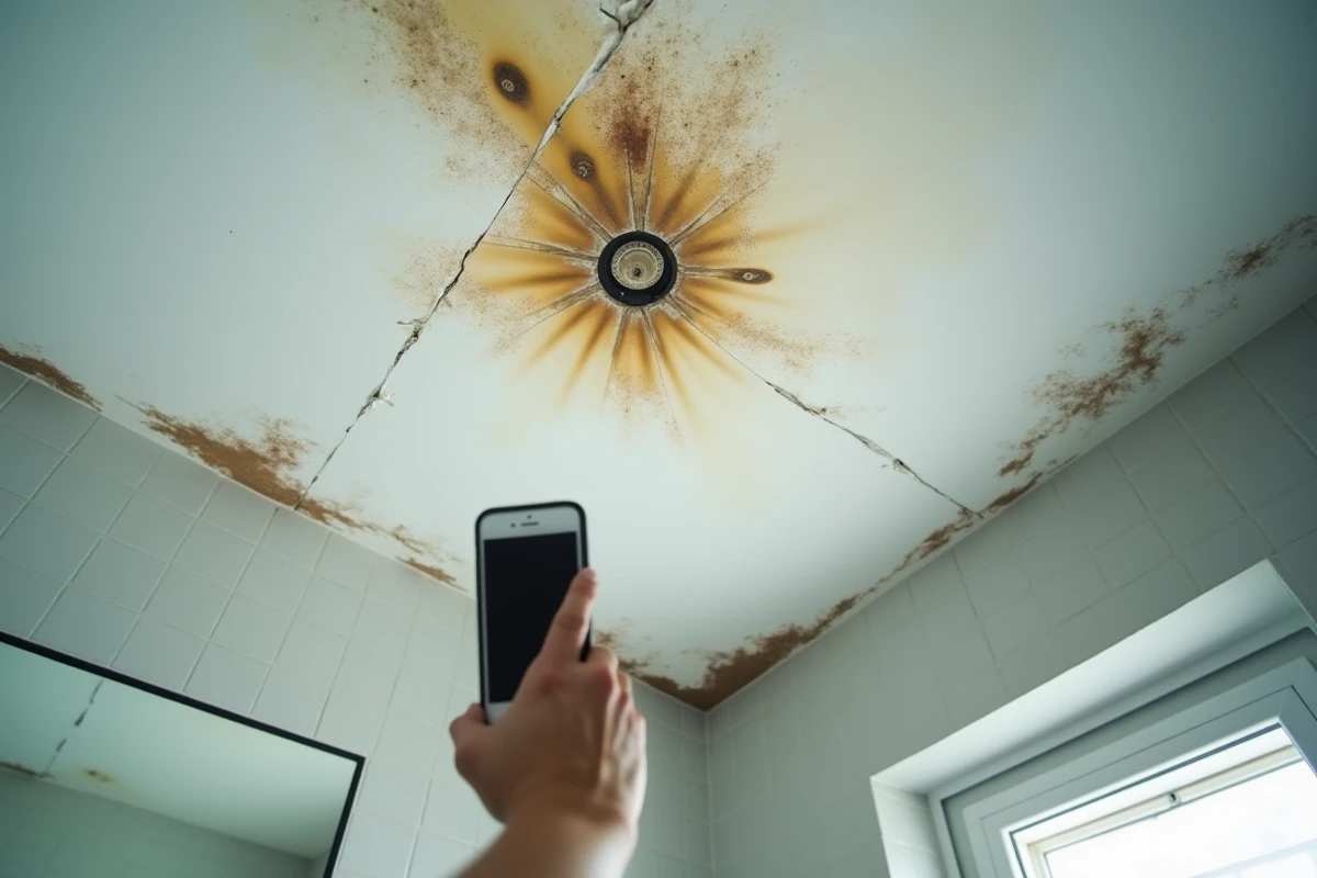 Plafond de salle de bain endommagé par des dégâts des eaux avec traces de moisissures et peinture qui s'écaille