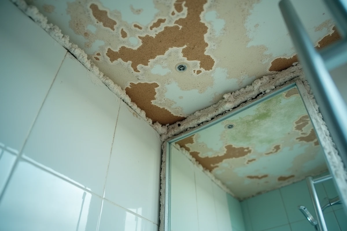 Plafond de salle de bain avec dégâts des eaux visibles, taches brunes, plâtre décollé et traces de moisissures