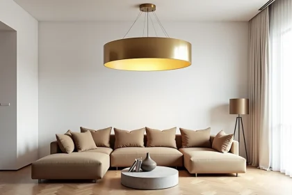 Plafonnier rond en laiton brossé au-dessus d'un canapé d'angle dans un salon moderne minimaliste avec parquet en chêne