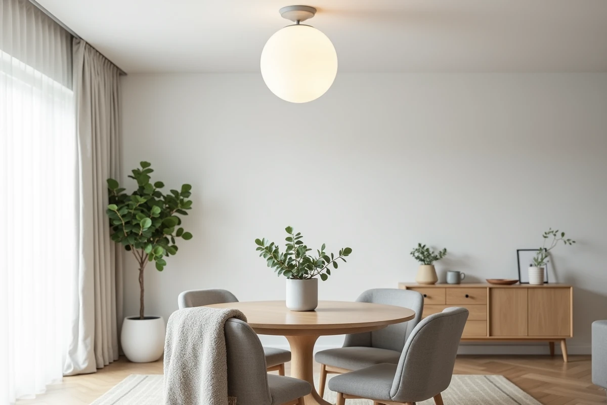 Plafonnier en verre opale dépoli au plafond d'un salon scandinave lumineux avec table en bouleau et rideaux en lin