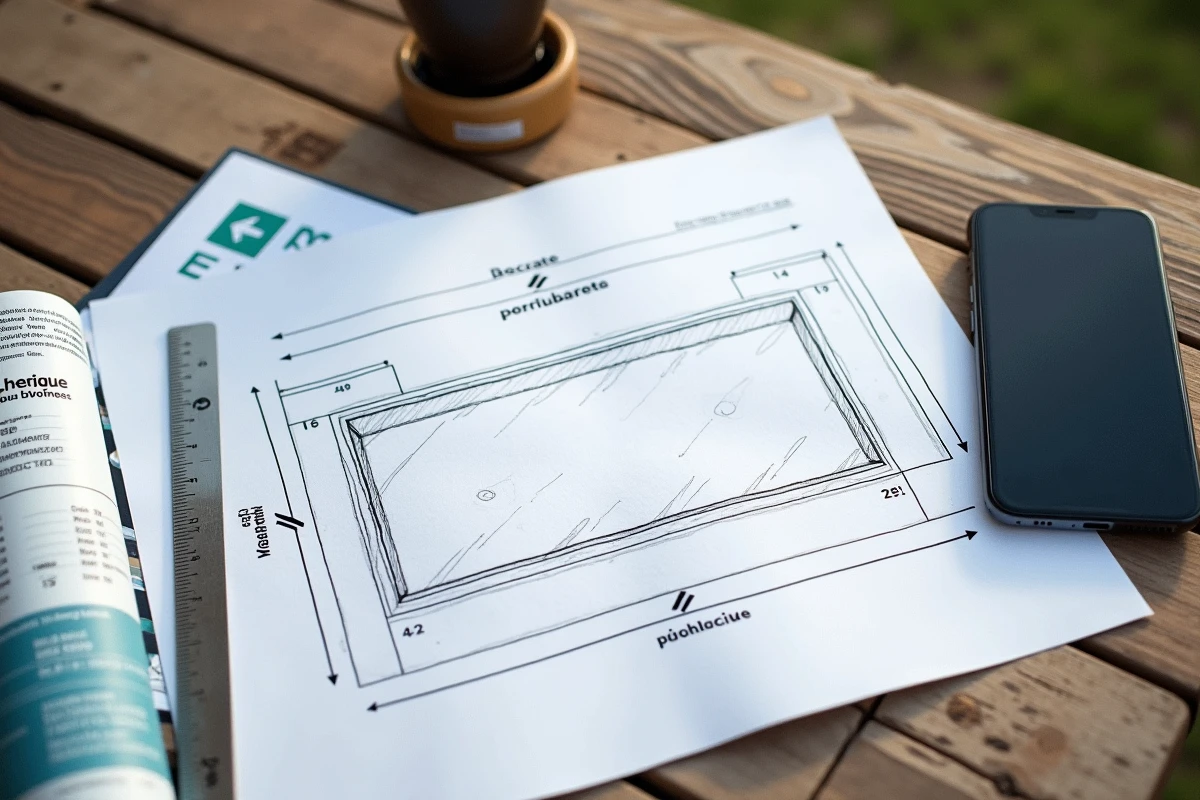 Plan de piscine avec dimensions annotées posé sur une table de jardin à côté d'une brochure fiscale française et d'une règle métallique