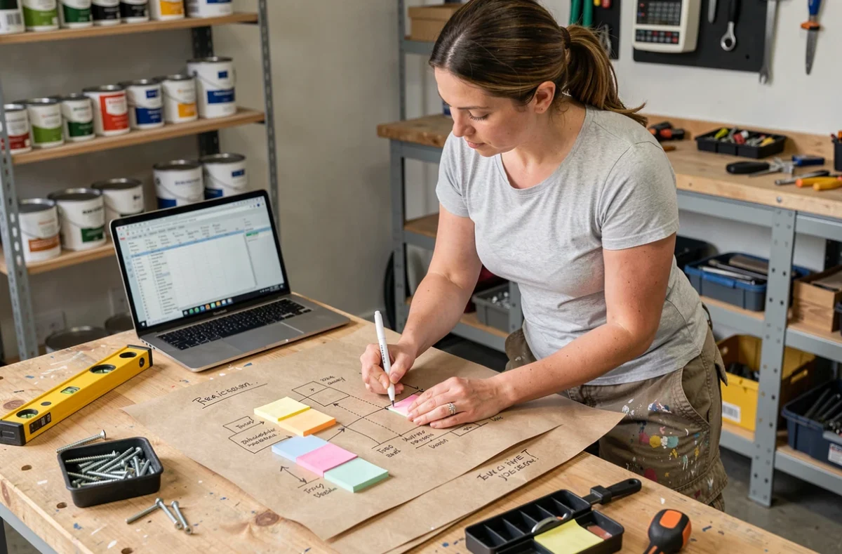 Femme bricoleur planifiant des travaux de rénovation sur un planning manuscrit dans un atelier DIY