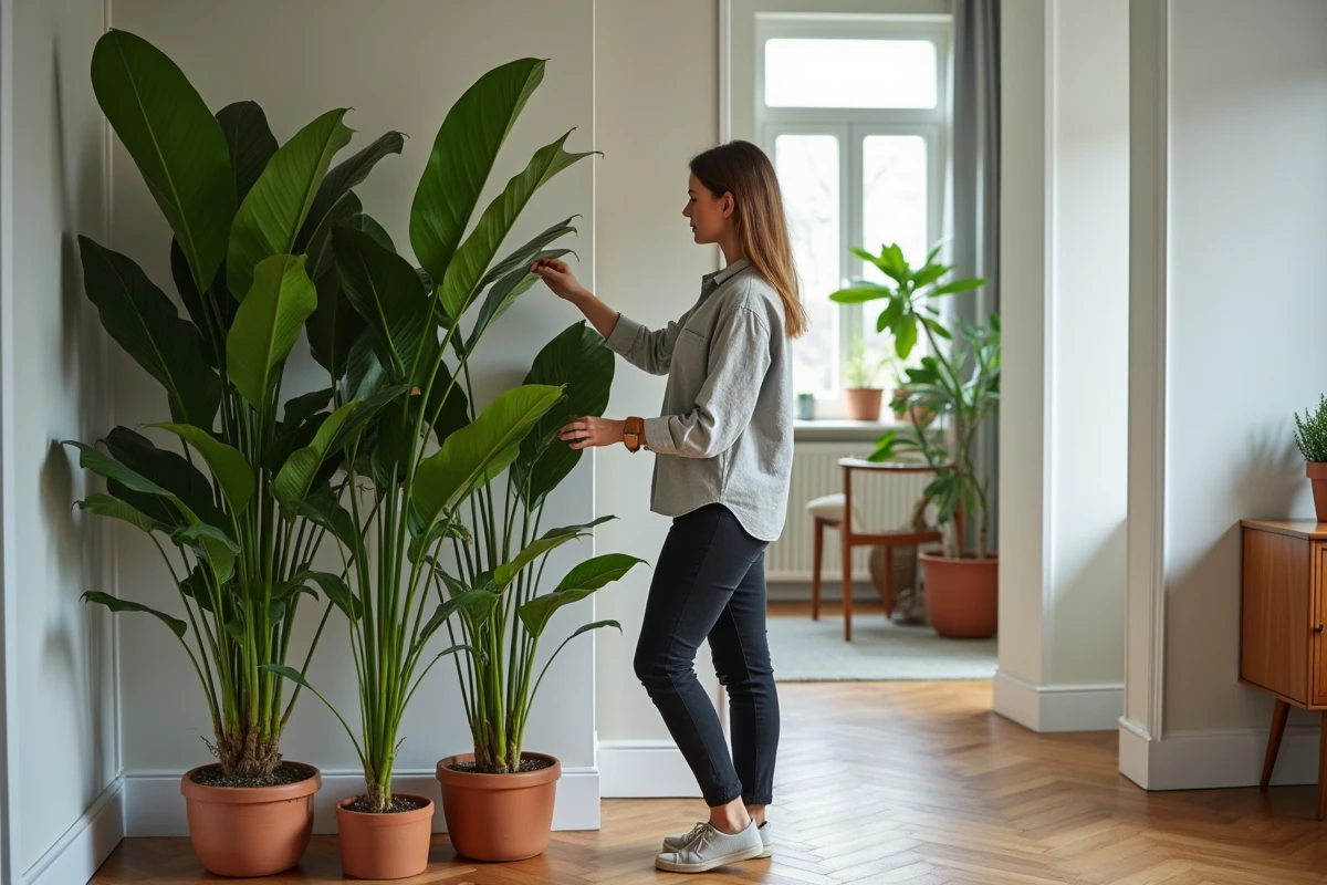 Femme arrangeant des plantes vertes pour créer une séparation naturelle entre le salon et l'entrée d'un appartement moderne