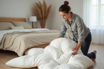 Femme qui plie soigneusement une couette blanche sur le sol d'une chambre minimaliste en bois