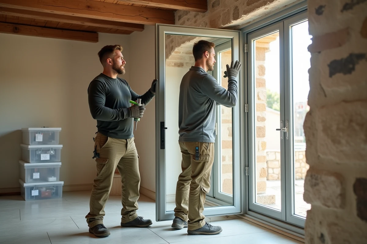 Deux ouvriers posant des fenêtres à double vitrage dans une maison en pierre en cours de rénovation thermique