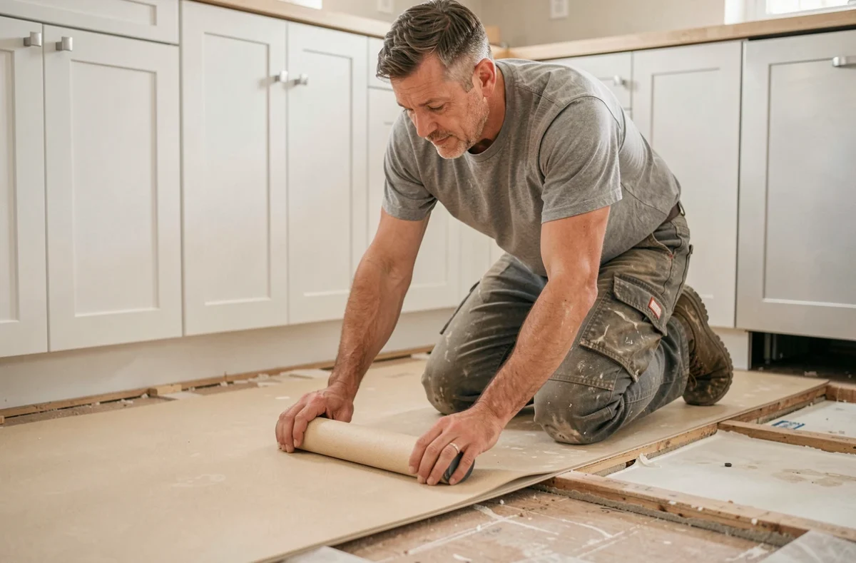 Artisan posant un revêtement de sol en linoléum dans une cuisine en rénovation, avec rouleau de pose et sous-couche apparente