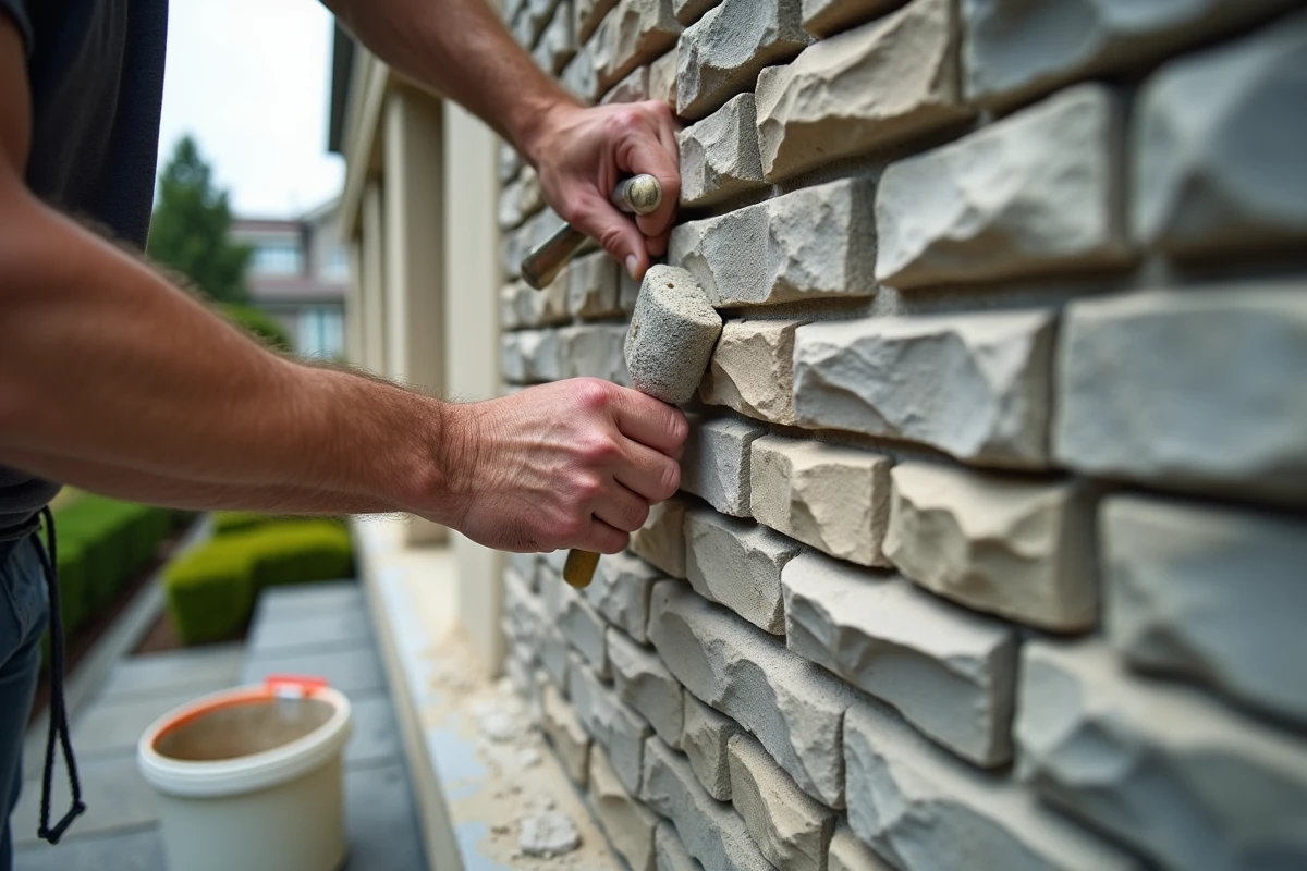Gros plan sur la pose d'un parement en pierre naturelle sur une façade de maison résidentielle, avec outils et mortier visibles
