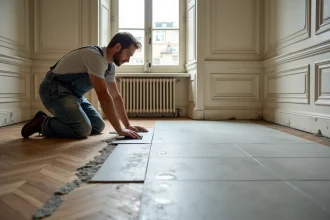 Artisan posant du carrelage gris sur un ancien parquet en chêne dans un appartement parisien en rénovation