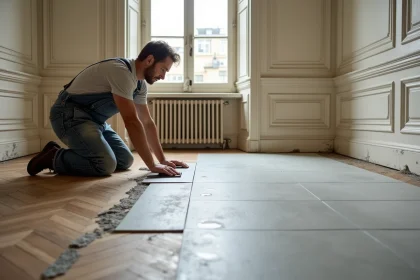 Artisan posant du carrelage gris sur un ancien parquet en chêne dans un appartement parisien en rénovation