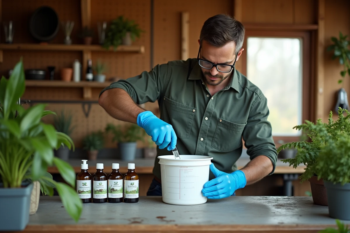 Homme préparant une solution de traitement contre les insectes dans un abri de jardin
