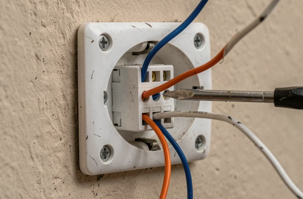Gros plan sur une prise téléphone ouverte avec des fils mal branchés sur les bornes