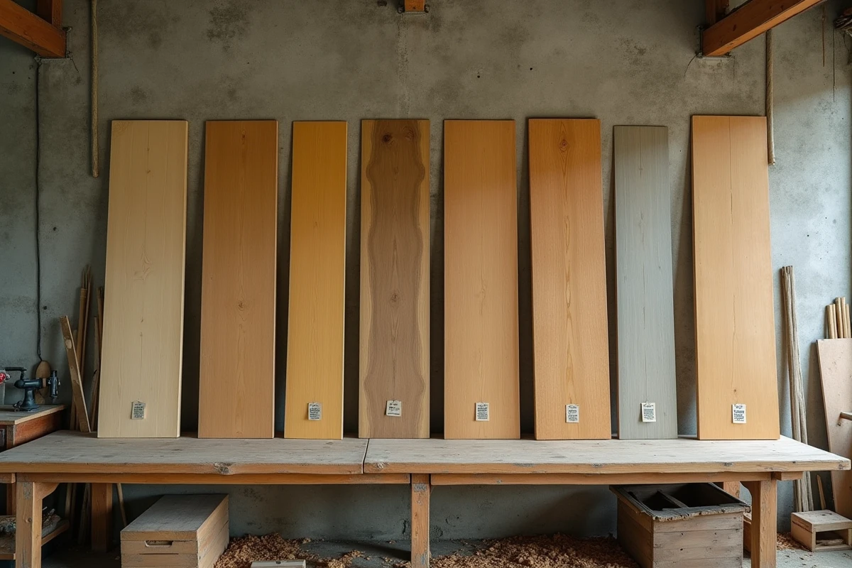 Panneau de bambou à différents stades de vieillissement dans un atelier d'artisan, du jaune pâle au gris argenté