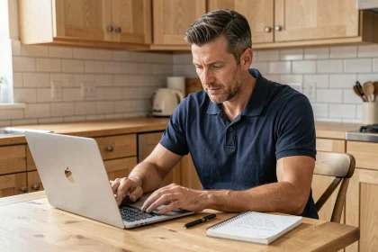 Propriétaire comparant des devis de travaux en ligne sur un site comme travauxdepro.com depuis sa cuisine rénovée