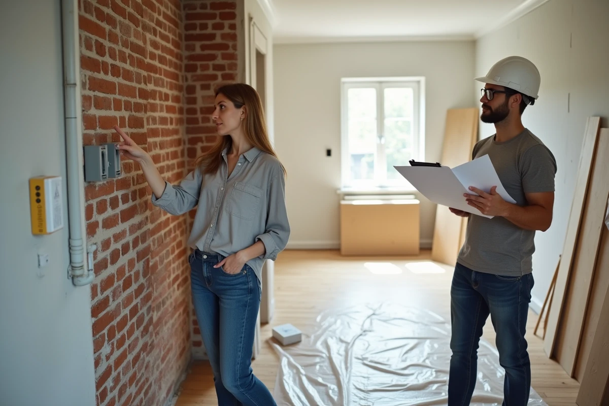 Propriétaire et électricien discutant d'un projet de réfection complète de l'installation électrique dans une maison en rénovation