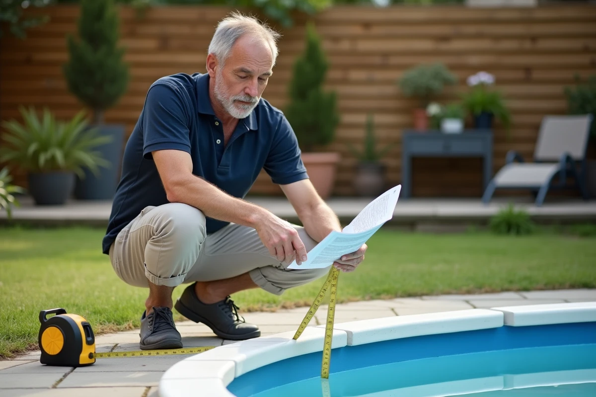 Homme mesurant les dimensions de sa petite piscine hors-sol dans son jardin pour vérifier le seuil d'imposition fiscal