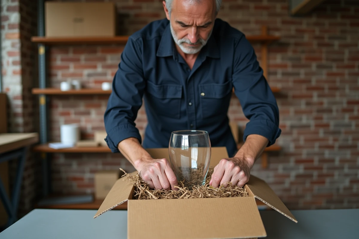 Homme protégeant un vase en verre avec du carton ondulé et du papier déchiqueté pour un envoi sécurisé sans film plastique