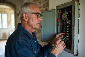 Électricien raccordant un fil de terre vert-jaune dans un tableau électrique ancien dans une vieille maison