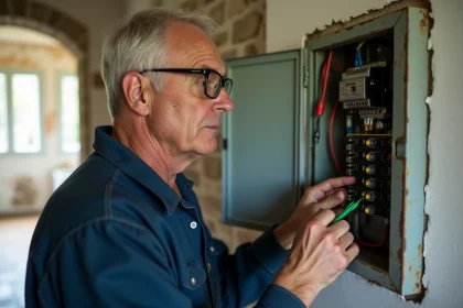 Électricien raccordant un fil de terre vert-jaune dans un tableau électrique ancien dans une vieille maison