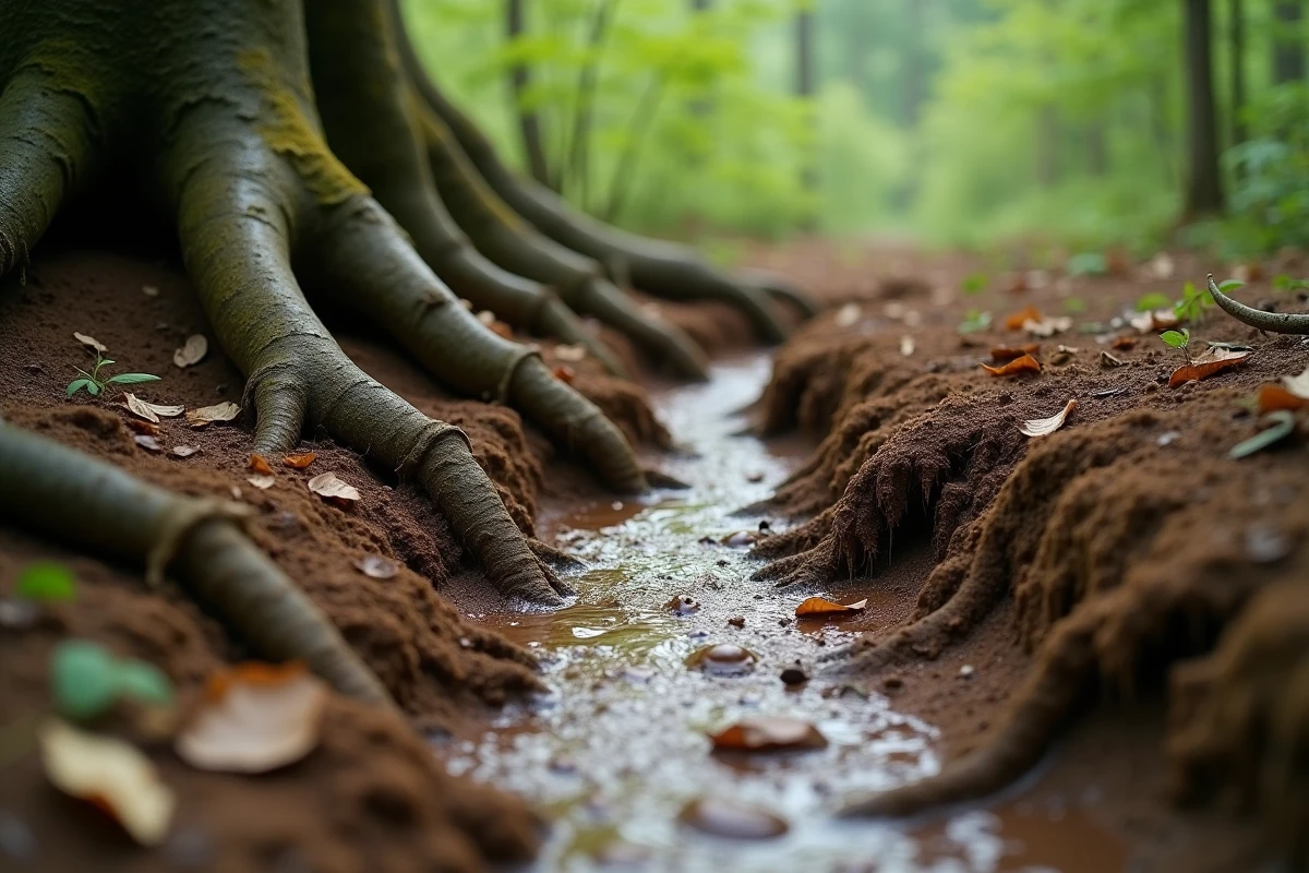 Racines d'arbres mises à nu par l'érosion hydrique dans une forêt, avec un filet d'eau creusant un sillon dans un sol dégradé
