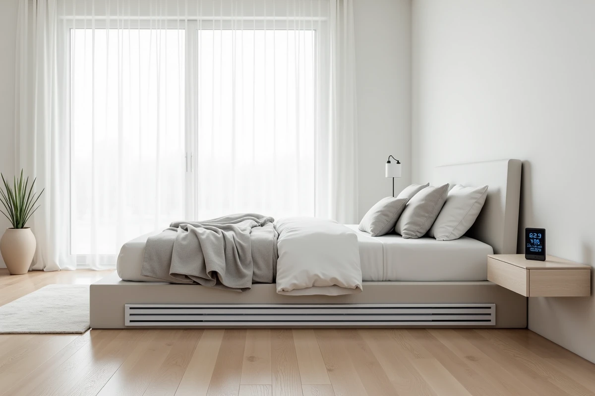 Radiateur soufflant électrique basse consommation installé dans une chambre minimaliste avec parquet en chêne