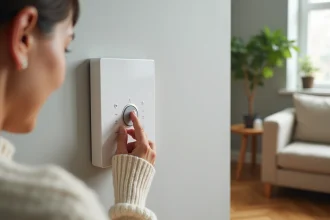 Femme réglant le thermostat d'un radiateur électrique à inertie blanc monté au mur dans un salon moderne