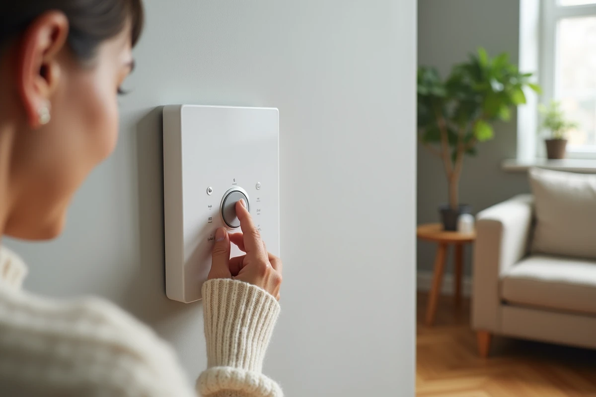 Femme réglant le thermostat d'un radiateur électrique à inertie blanc monté au mur dans un salon moderne