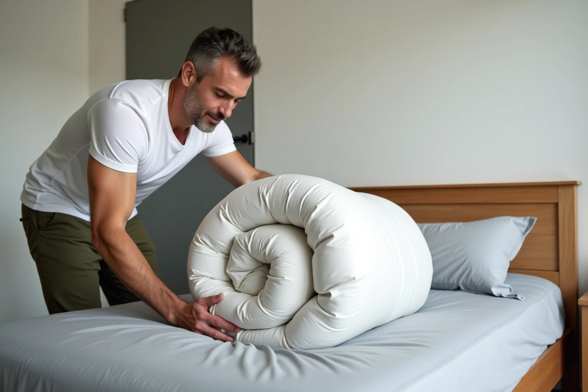 Homme rangeant une couette dans un sac de compression sous vide dans une chambre moderne et épurée