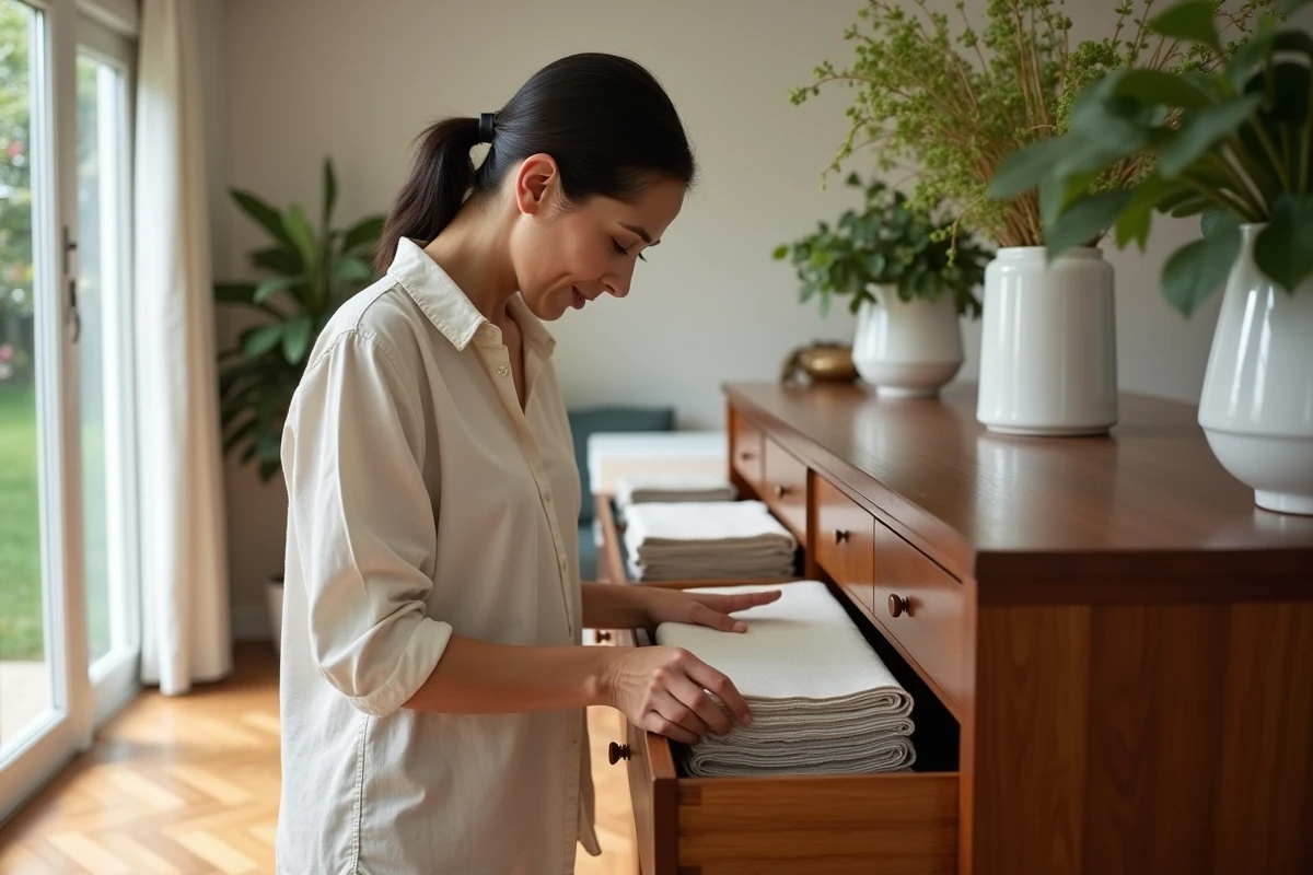 Femme rangeant des serviettes en tissu dans un buffet de salle à manger en noyer au style mid-century