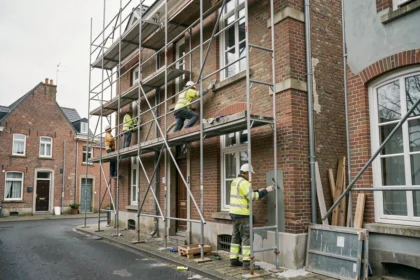 Équipe professionnelle réalisant un ravalement de façade sur un immeuble en briques dans les Hauts-de-France avec échafaudages