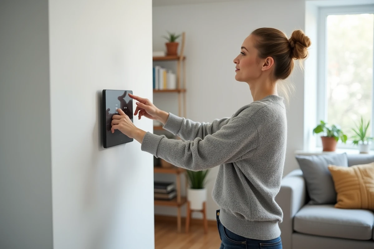 Femme réglant le tableau de commande d'un système de récupération de chaleur VMC dans un salon moderne