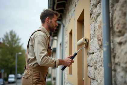 Artisan en salopette appliquant de la peinture de ravalement sur une façade en pierre avec un rouleau, perché sur un échafaudage