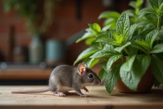 Souris grise s'approchant d'une plante de menthe poivrée posée sur une étagère en bois, répulsif naturel pour rongeurs