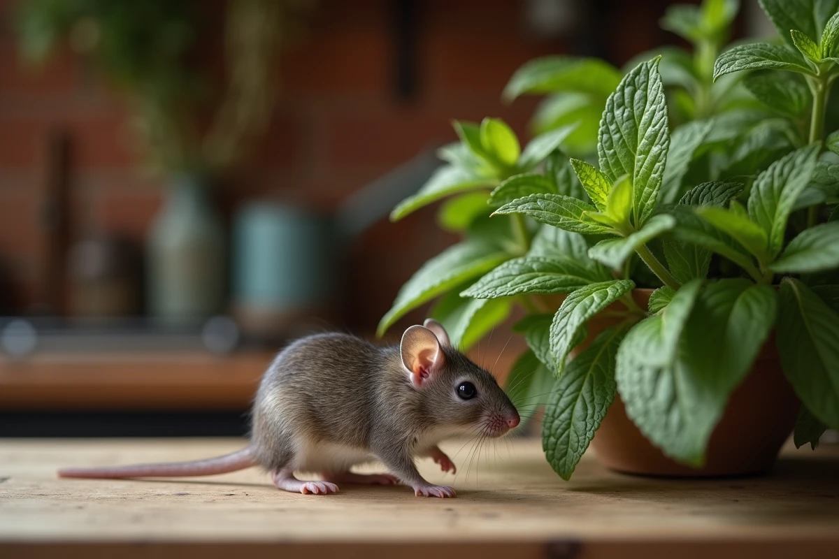 Souris grise s'approchant d'une plante de menthe poivrée posée sur une étagère en bois, répulsif naturel pour rongeurs