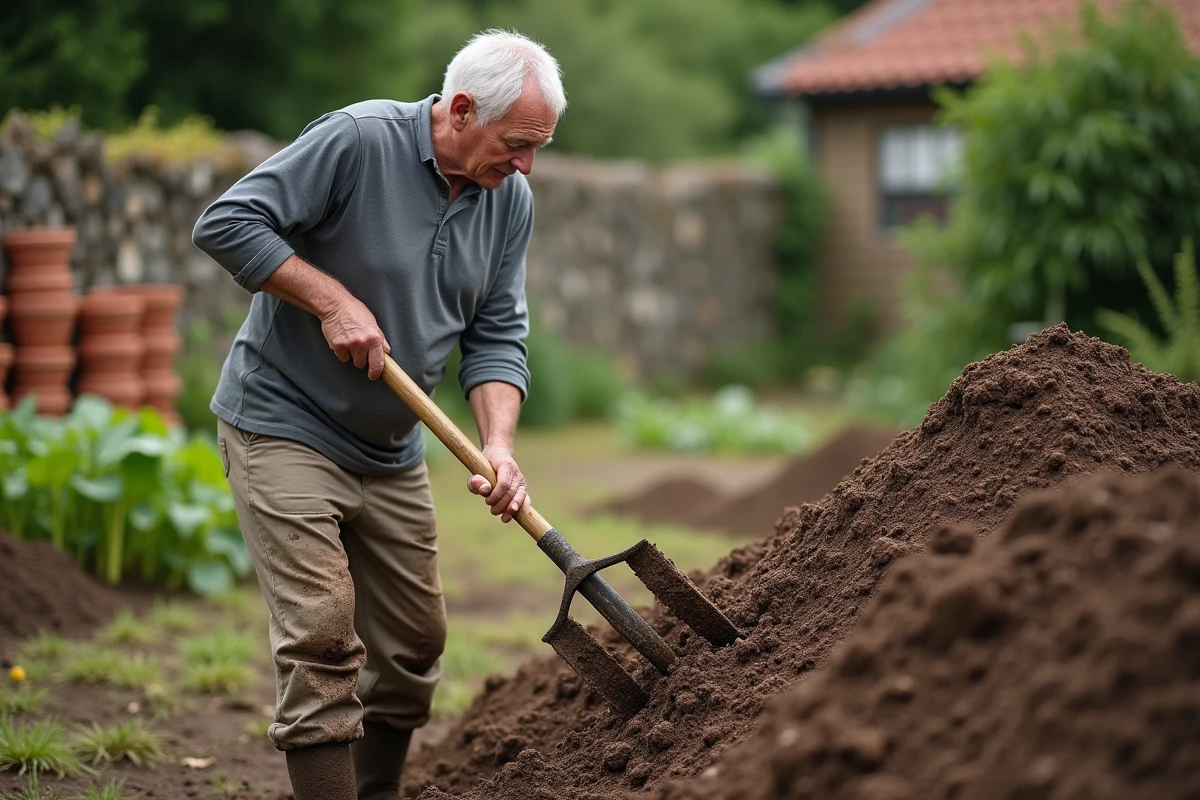 Homme remuant un tas de compost extérieur avec une fourche dans un jardin rustique en pierre