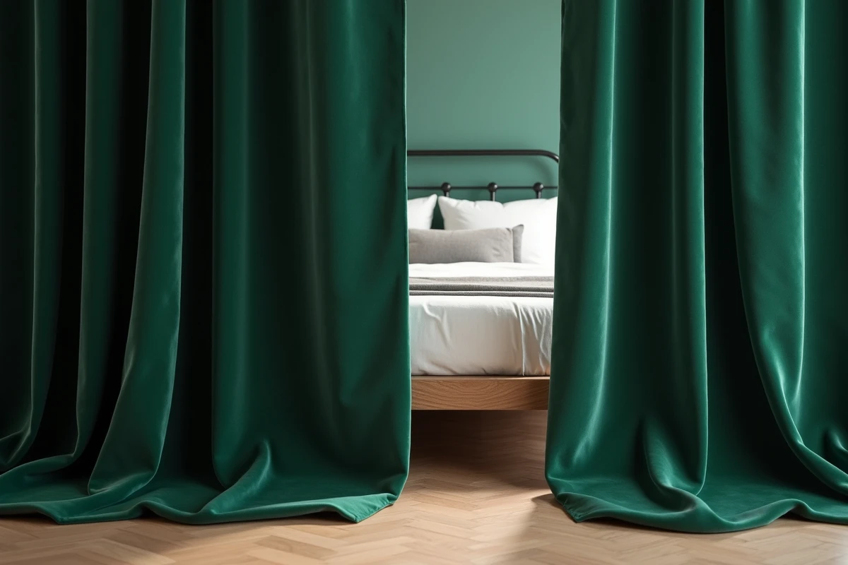 Rideau en velours vert foncé qui touche légèrement le parquet dans une chambre élégante