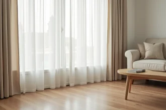 Rideaux en lin tombant jusqu'au sol dans un salon décoré avec canapé beige et parquet en bois