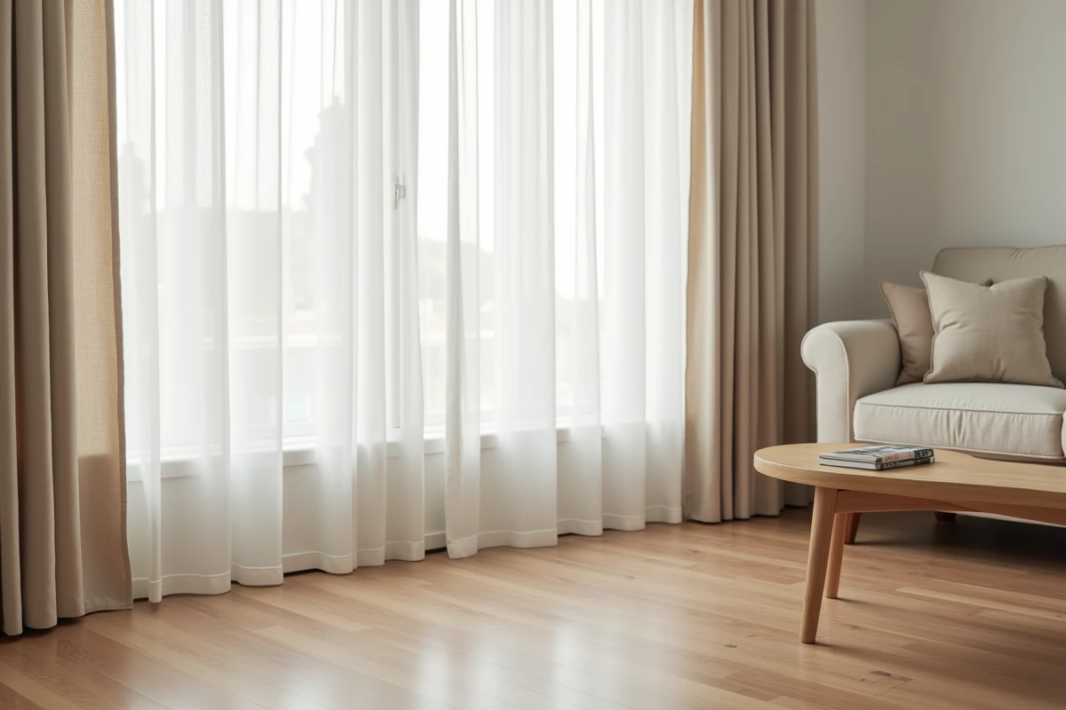 Rideaux en lin tombant jusqu'au sol dans un salon décoré avec canapé beige et parquet en bois