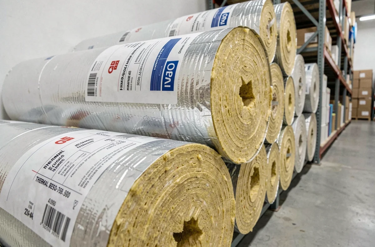 Rouleaux d'isolant thermique et acoustique empilés en magasin avec étiquettes techniques visibles et détail de la laine minérale
