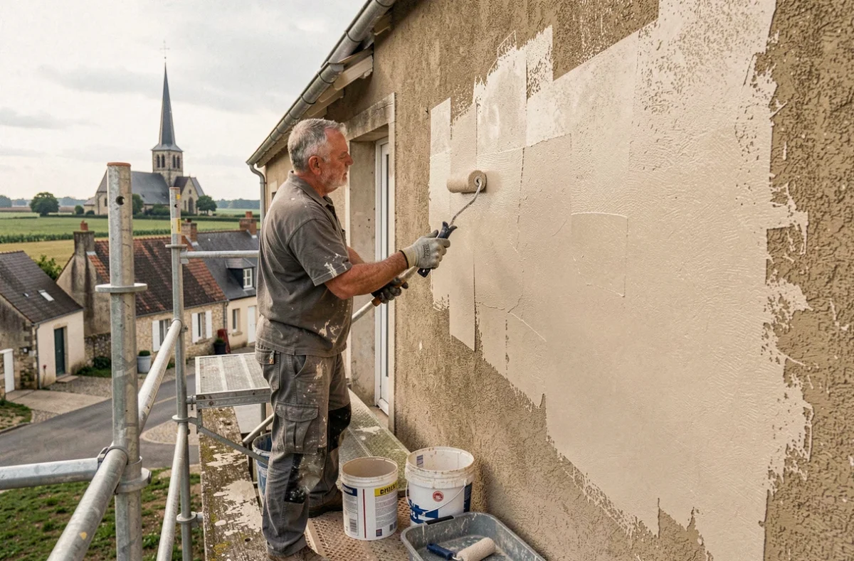 Façadier de S4P appliquant de la peinture extérieure sur une maison dans le Pas-de-Calais